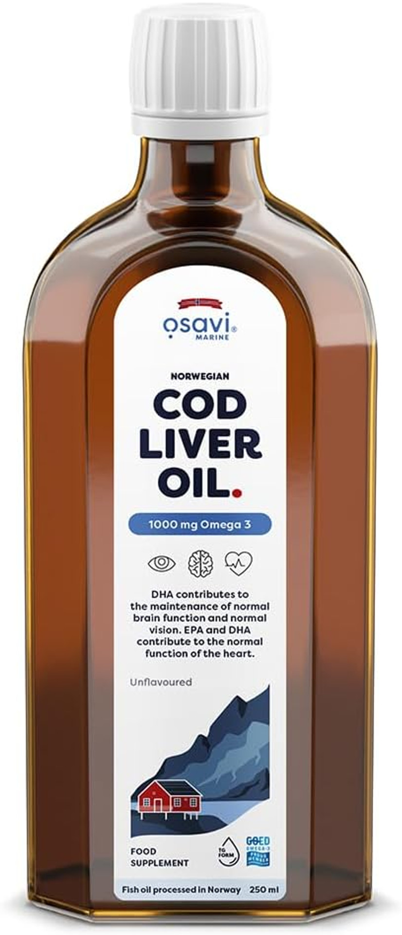 Osavi Norwegian Cod Liver Oil 1000 mg Omega 3  250 ml | Unflavoured | DHA & EPA for Brain, Heart & Vision Health | Supports Immune Function | Sourced from Wild Atlantic Cod with Sustainable Practices