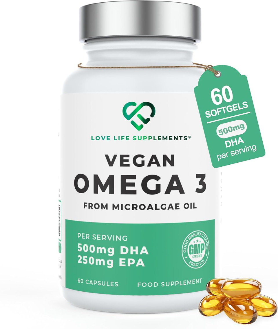 Vegan Omega-3 500mg DHA & 250mg EPA  60 Algae Oil Softgels (Carrageenan Free)  High Strength Plant-Based Omega 3  Polaris Omegavie® with Qualitysilver®  Heart, Brain & Eye Support  Sustainable