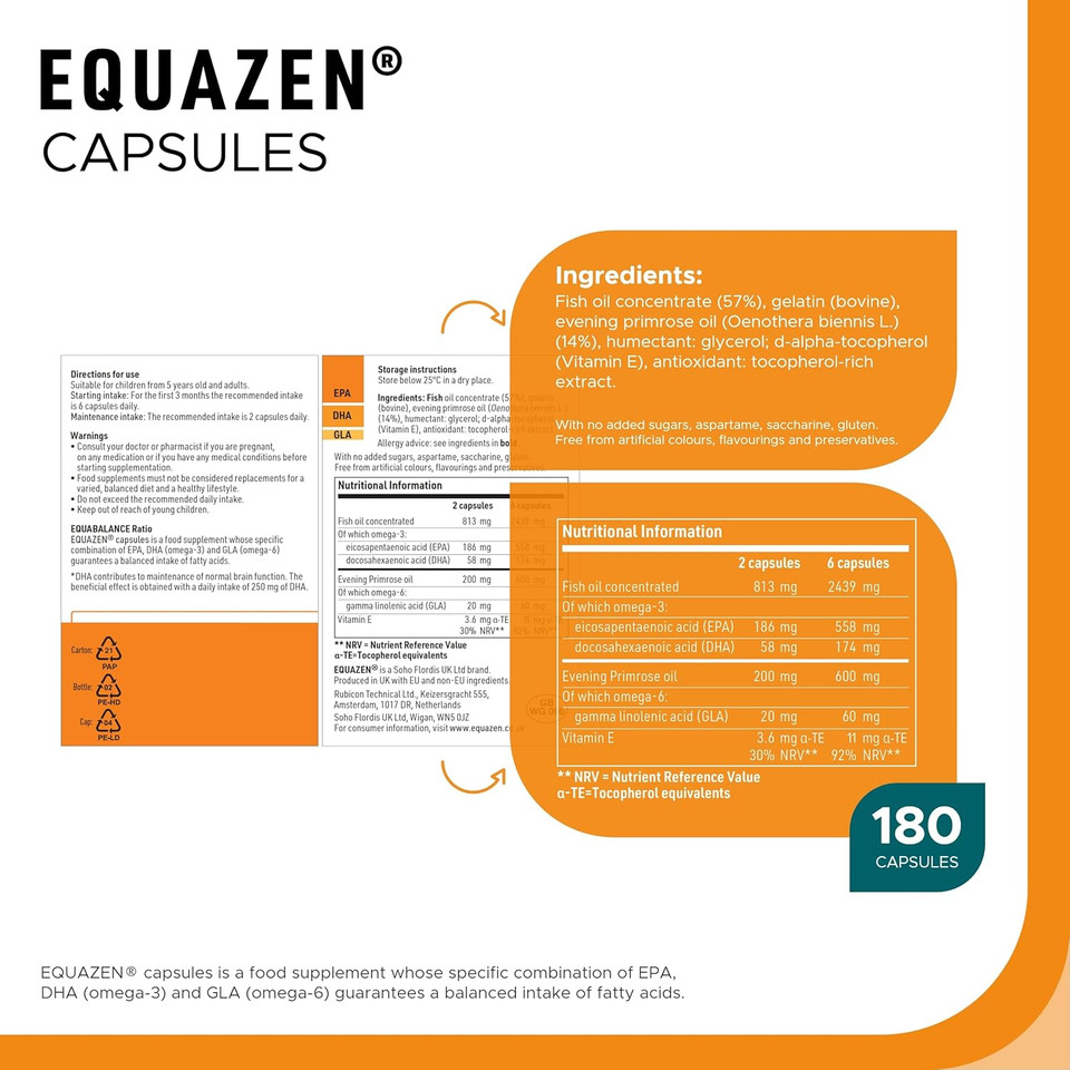 EQUAZEN Capsules | Omega 3 & 6 Fish Oil Supplement | Supports Brain Function | Blend of DHA, EPA & GLA | Suitable for Children 5+ to Adults | 180 Capsules EQUAZEN Capsules | Omega 3 & 6 Fish Oil Supplement | Supports Brain Function | Blend of DHA, EPA & GLA | Suitable for Children 5+ to Adults | 180 Capsules