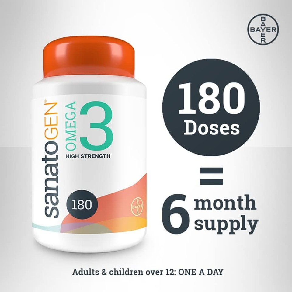 Sanatogen Omega 3 Fish Oil High Strength 1000 mg Capsules, Potent EPA 270 mg and DHA 180 mg Formula Supports Brain, Heart and Vision, 180 Capsules, 1 Per Serving, 260 g