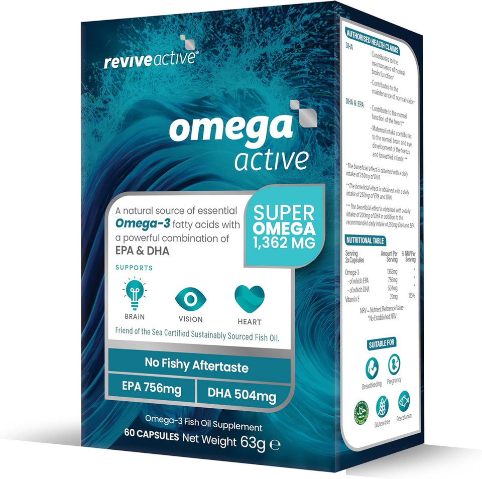 Revive Active Omega Active Supplement - Omega-3 Fish Oil with EPA & DHA, No Fishy Aftertaste - Fatty Acids Supplements, Supports Brain, Vision, & Heart - 60 Capsules