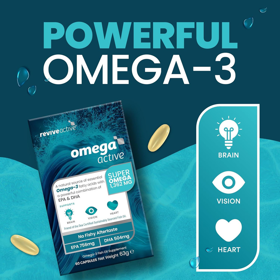 Revive Active Omega Active Supplement - Omega-3 Fish Oil with EPA & DHA, No Fishy Aftertaste - Fatty Acids Supplements, Supports Brain, Vision, & Heart - 60 Capsules