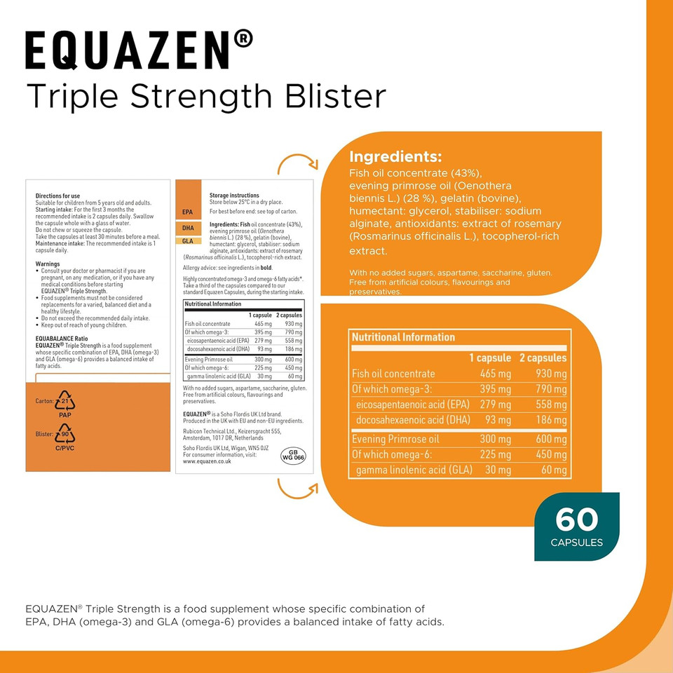 EQUAZEN Triple Strength Blister| Omega 3 & 6 Supplement | Blend of DHA, EPA & GLA | Supports Brain Function | Suitable from 5 Years Old to Adults | 60 One-a-Day Capsules