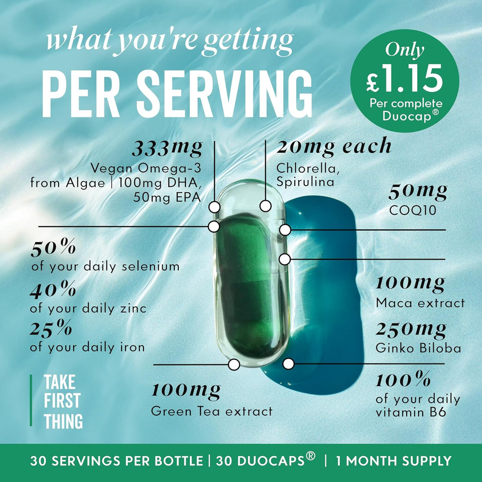 Grass & Co. Prime Sea Greens | Vegan Omega-3 DHA & EPA | Algae-Based Supplement for Womens Health & Wellness | 30 Capsules | Ashwagandha, Ginseng, Zinc & Vitamins B5, B6, D3, K2