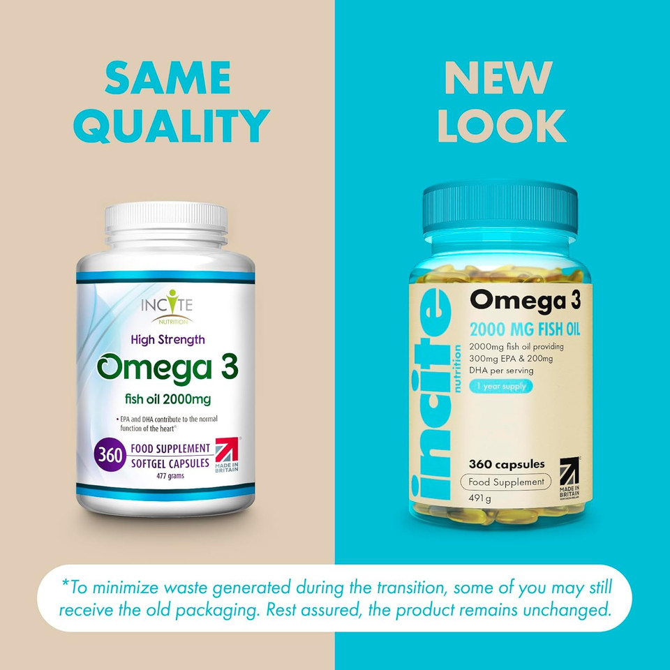 Incite Nutrition Omega 3 Fish Oil Capsules 2000 mg. 360 Softgels. 6 Month Supply of High Strength Omega 3 Fatty Acids with EPA & DHA. Non-GMO, UK Made, No Fishy Aftertaste