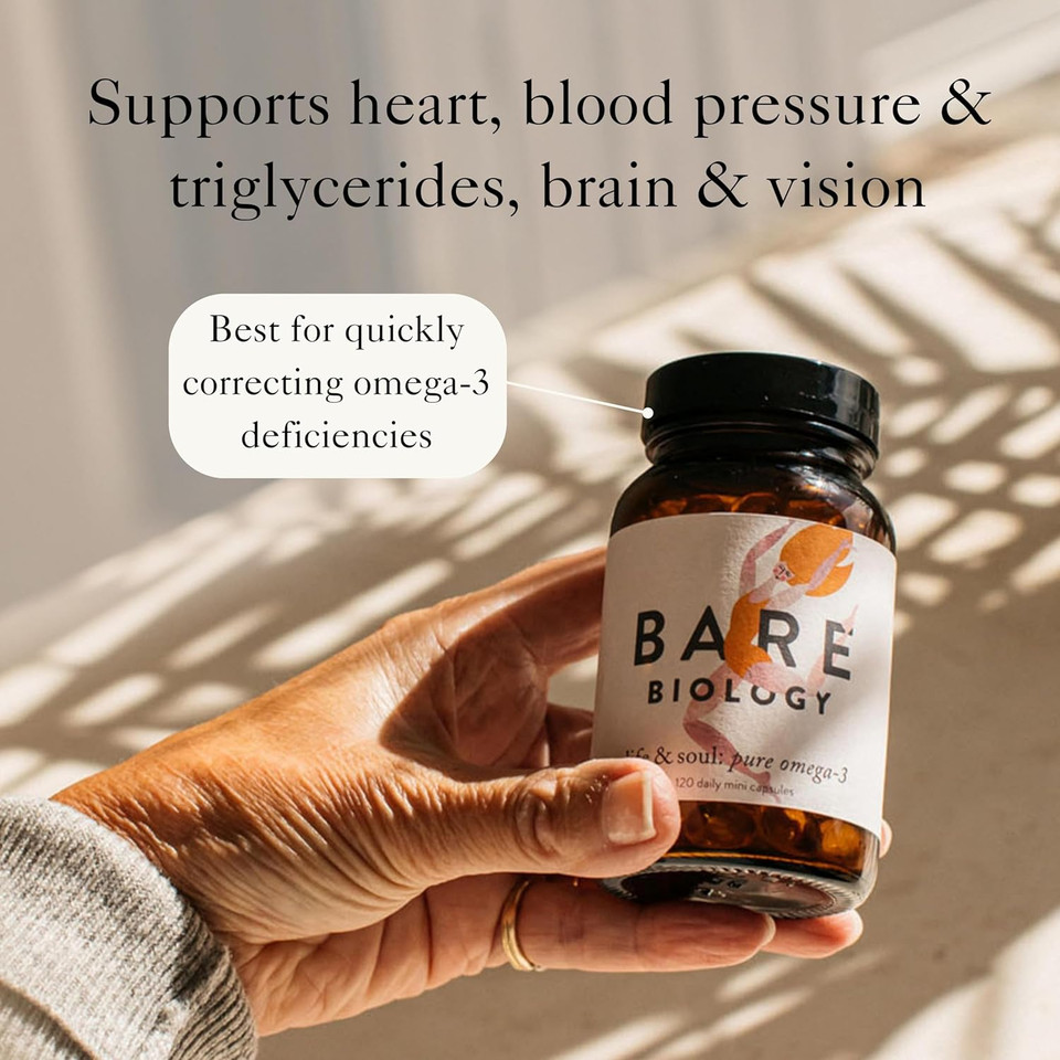Bare Biology Super Strength Pure Omega 3 Fish Oil Capsules 1,460mg - Life & Soul Mini Omega 3 Capsules (1 Month Supply - 120 Capsules) EPA 860mg DHA 440mg. Supports Heart, Brain Function & Eye Health