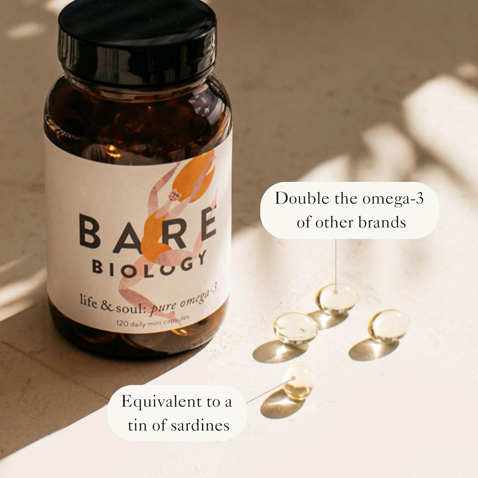Bare Biology Super Strength Pure Omega 3 Fish Oil Capsules 1,460mg - Life & Soul Mini Omega 3 Capsules (1 Month Supply - 120 Capsules) EPA 860mg DHA 440mg. Supports Heart, Brain Function & Eye Health