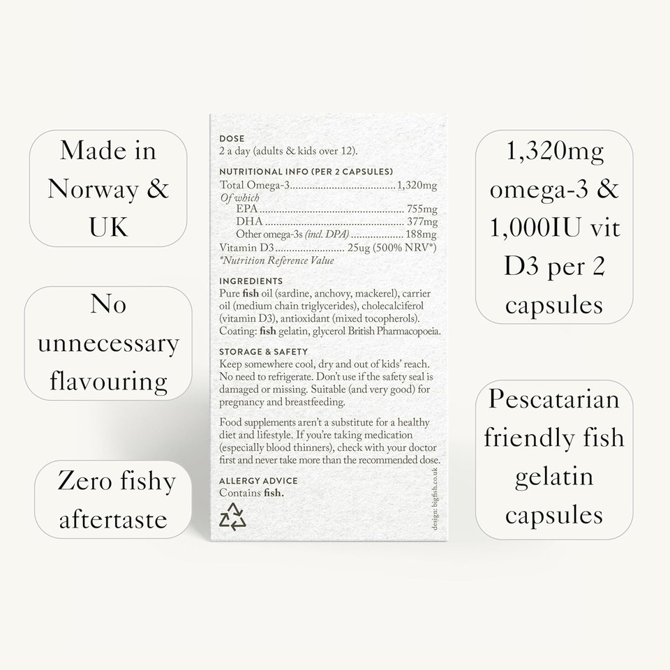Bare Biology Omega 3 + Vitamin D3 - Rise & Shine Capsules (30 Servings) Pure Fish Oil EPA 755mg DHA 377mg Plus High Strength D3 Vitamin 1000IU, Immune System Booster