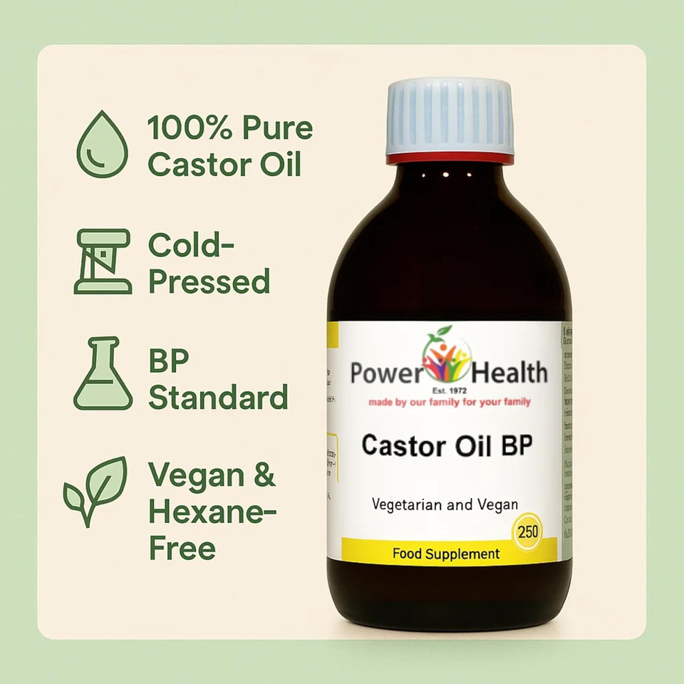 Cold Pressed Castor Oil by Power Health | 250ml 100% Pure Castor Oil in Glass Bottle for Dry Skin | Food Grade - Cold Pressed suitable for Vegetarians and Vegans