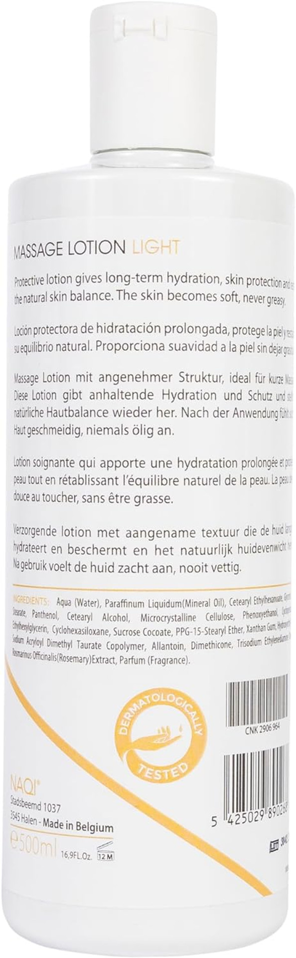 NAQI - Light Massage Lotion - for Short Therapeutic Massages - Moisturising and Nourishing - Hypoallergenic - for Professional Use - Paraben-Free - Dermatologically Tested - 500 ml