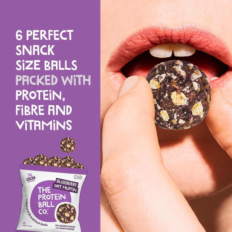 Protein Balls Blueberry Oat Muffin Flavour by The Protein Ball Co- Pack of 18 Breakfast Balls - 100% Natural Plant Based Vitamin Enriched - 3x45g Bags - High Fibre Gluten Free No Artificial Sweeteners
