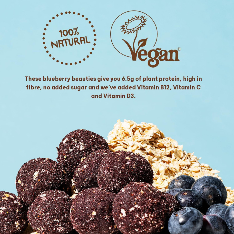 Protein Balls Blueberry Oat Muffin Flavour by The Protein Ball Co- Pack of 18 Breakfast Balls - 100% Natural Plant Based Vitamin Enriched - 3x45g Bags - High Fibre Gluten Free No Artificial Sweeteners