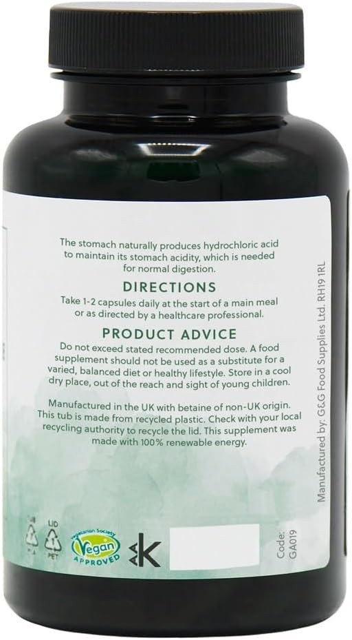 Betaine Hydrochloride (HCl) with Pepsin - 440mg Betaine per Capsule - 120 Vegan Capsules - Non-GMO, Made in The UK by G&G Vitamins