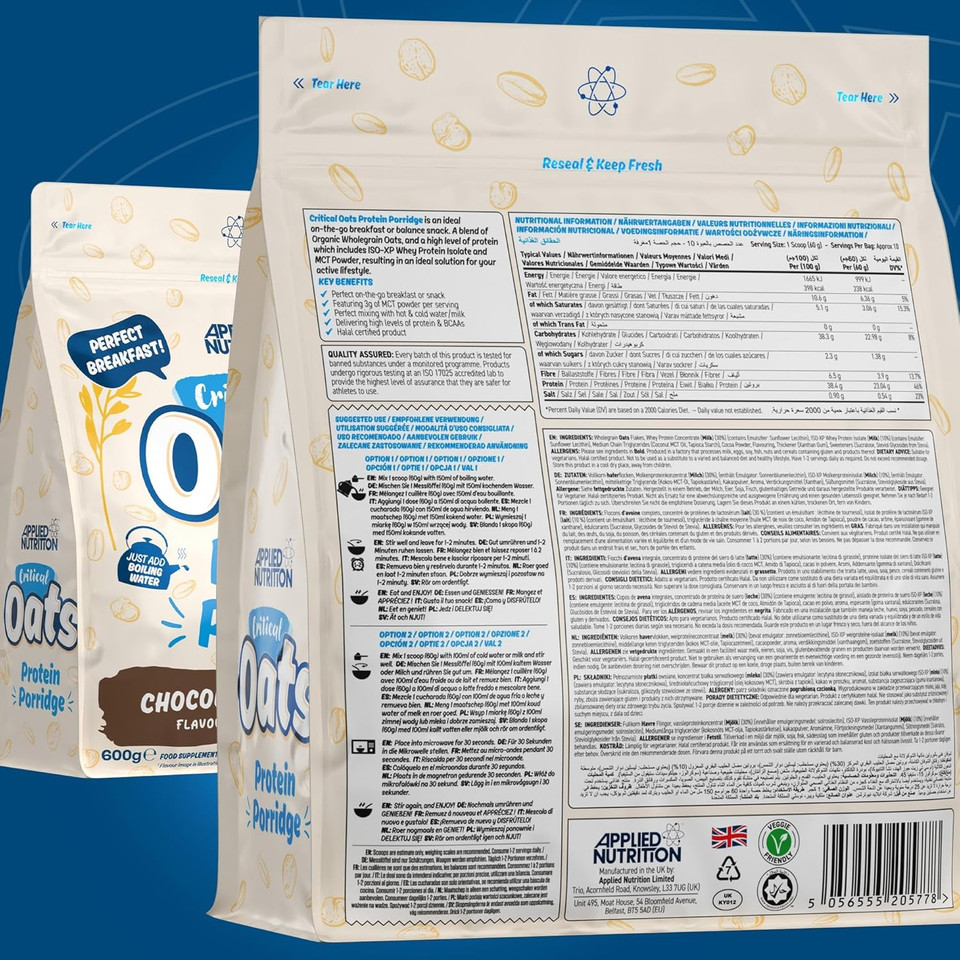Applied Nutrition Critical Oats Advanced Protein Porridge - Whey Protein Powder Blend with Wholegrain Oats & ISO-XP Protein Isolate, Amino Acids, Easy Mix (600g - 10 Servings) (Chocolate)