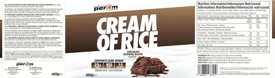 Per4m Cream Of Rice | 15 Servings | High Carbohydrate Cream Of Rice | Breakfast Replacement | Low Sugar Gym Supplements 450g NEW IMPROVED FORMULA (Chocolate Brownie Batter, 450g)