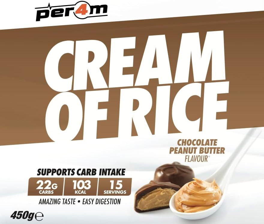 Per4m Cream Of Rice | 15 Servings | High Carbohydrate Cream Of Rice | Breakfast Replacement | Low Sugar Gym Supplements 450g NEW IMPROVED FORMULA (Chocolate Peanut Butter, 450g)