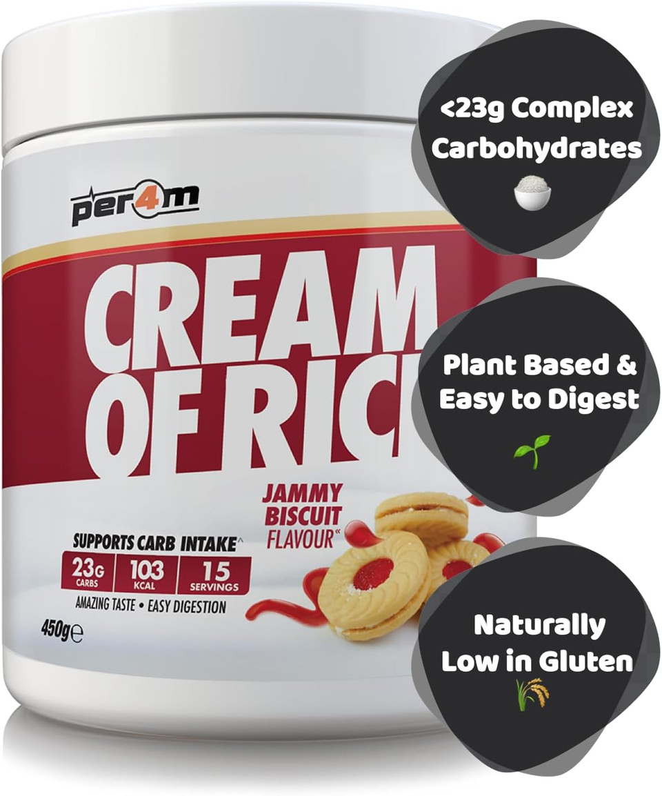 Per4m Cream Of Rice | 15 Servings | High Carbohydrate Cream Of Rice | Breakfast Replacement | Low Sugar Gym Supplements 450g NEW IMPROVED FORMULA (Jammy Biscuit, 450g)