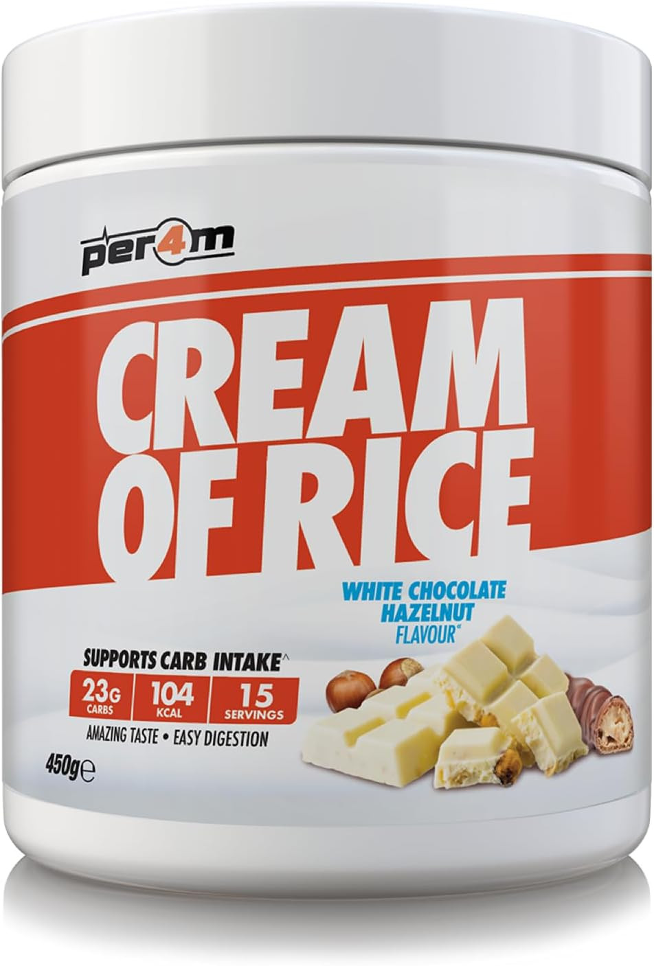 Per4m Cream Of Rice | 15 Servings | High Carbohydrate Cream Of Rice | Breakfast Replacement | Low Sugar Gym Supplements 450g NEW IMPROVED FORMULA (White Chocolate Hazelnut, 450g)