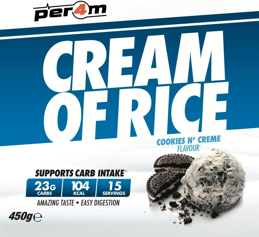 Per4m Cream Of Rice | 15 Servings | High Carbohydrate Cream Of Rice | Breakfast Replacement | Low Sugar Gym Supplements 450g NEW IMPROVED FORMULA (Cookies & Cream, 450g)