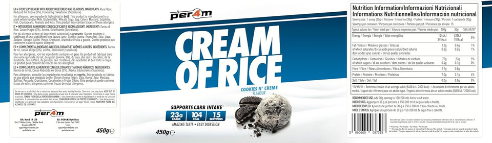 Per4m Cream Of Rice | 15 Servings | High Carbohydrate Cream Of Rice | Breakfast Replacement | Low Sugar Gym Supplements 450g NEW IMPROVED FORMULA (Cookies & Cream, 450g)