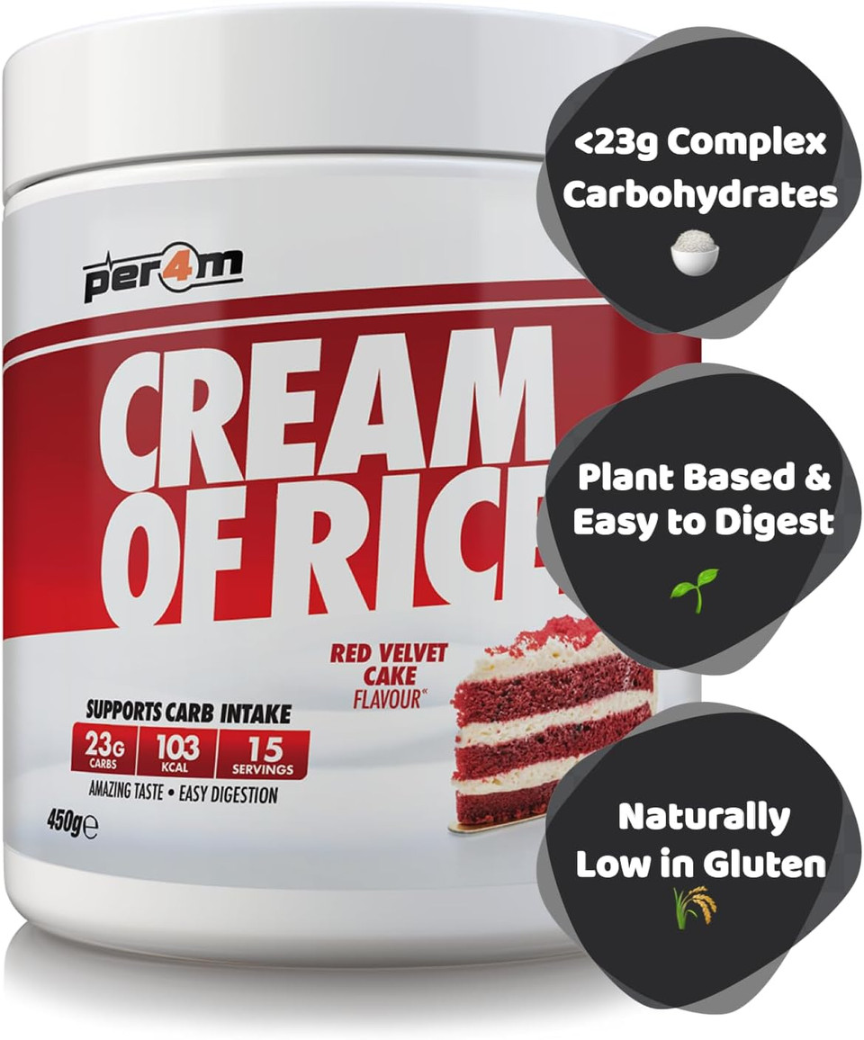 Per4m Cream Of Rice | 15 Servings | High Carbohydrate Cream Of Rice | Breakfast Replacement | Low Sugar Gym Supplements 450g NEW IMPROVED FORMULA (Red Velvet Cake, 450g)