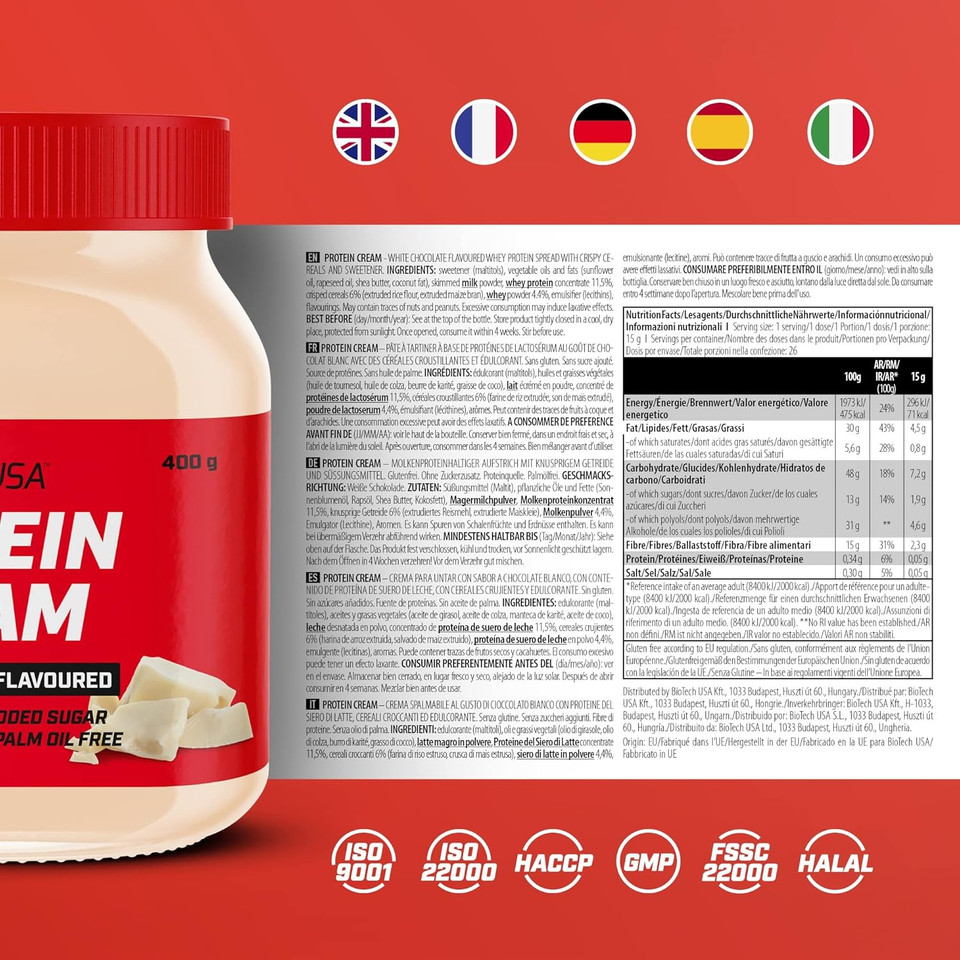 BioTechUSA Protein Cream | with Crunchy Rice and Corn Pieces | Gluten-Free | Palm Oil-Free, 400 g, White Chocolate