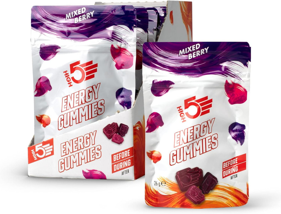 HIGH5 Energy Gummies - Quick Release Carbohydrate Supplements for Running, Cycling, Hiking - 10x26g Portable Resealable Pouches - Natural Vegan Energy Chews with Electrolytes & Vitamin B6, Mixed Berry
