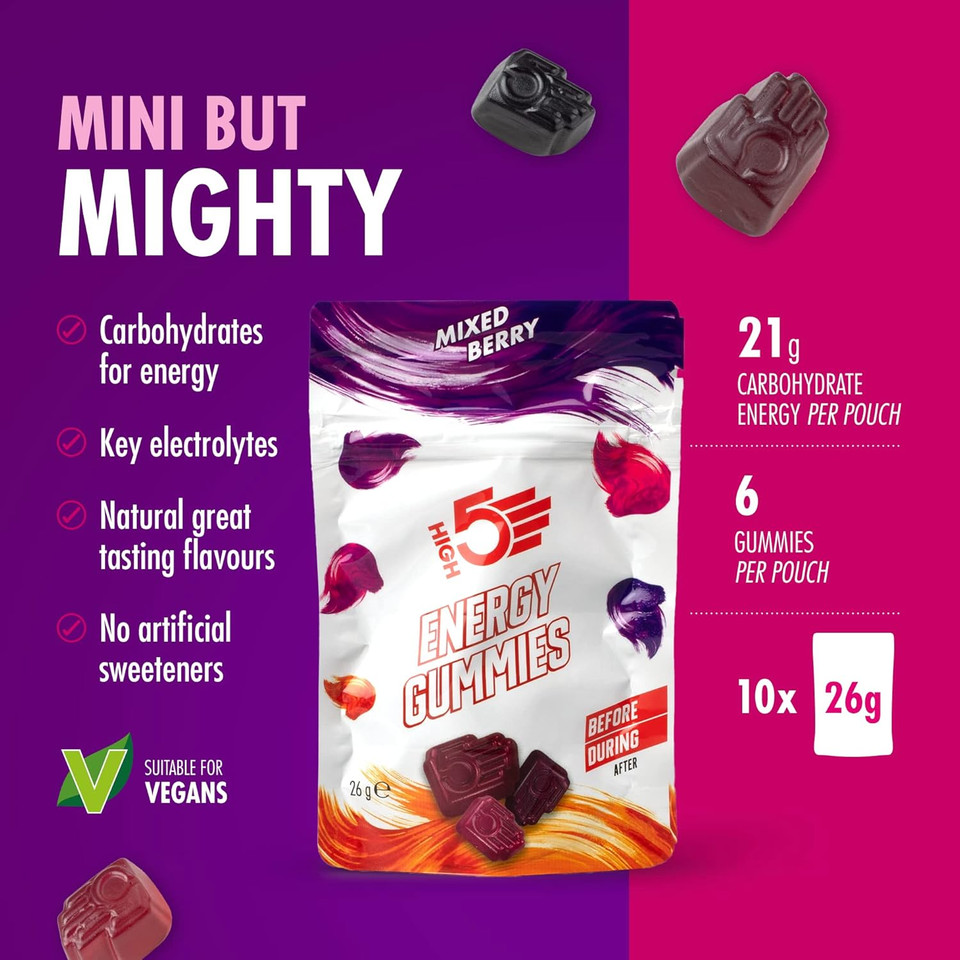 HIGH5 Energy Gummies - Quick Release Carbohydrate Supplements for Running, Cycling, Hiking - 10x26g Portable Resealable Pouches - Natural Vegan Energy Chews with Electrolytes & Vitamin B6, Mixed Berry