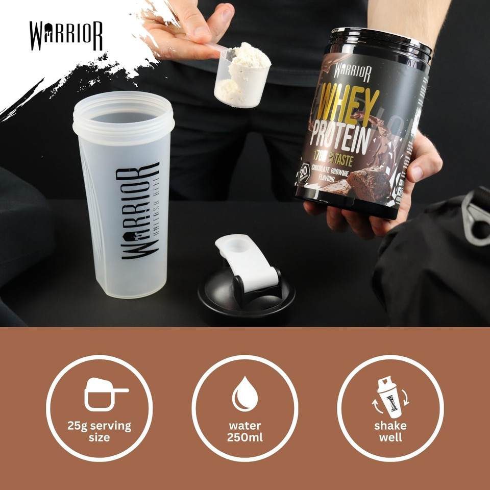 Warrior Whey Protein Powder 500g - Up to 36g* Protein per Shake  Low Sugar - Muscle Growth and Recovery Drink - Amazing Taste - 20 Servings - GMP Certified (Chocolate Brownie)