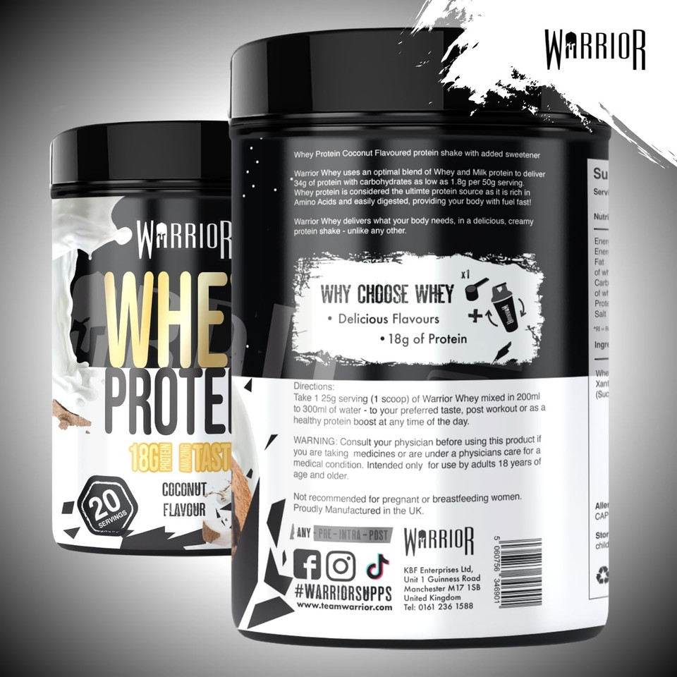 Warrior Whey Protein Powder 500g - Up to 36g* Protein per Shake  Low Sugar - Muscle Growth and Recovery Drink - Amazing Taste - 20 Servings - GMP Certified (Coconut)