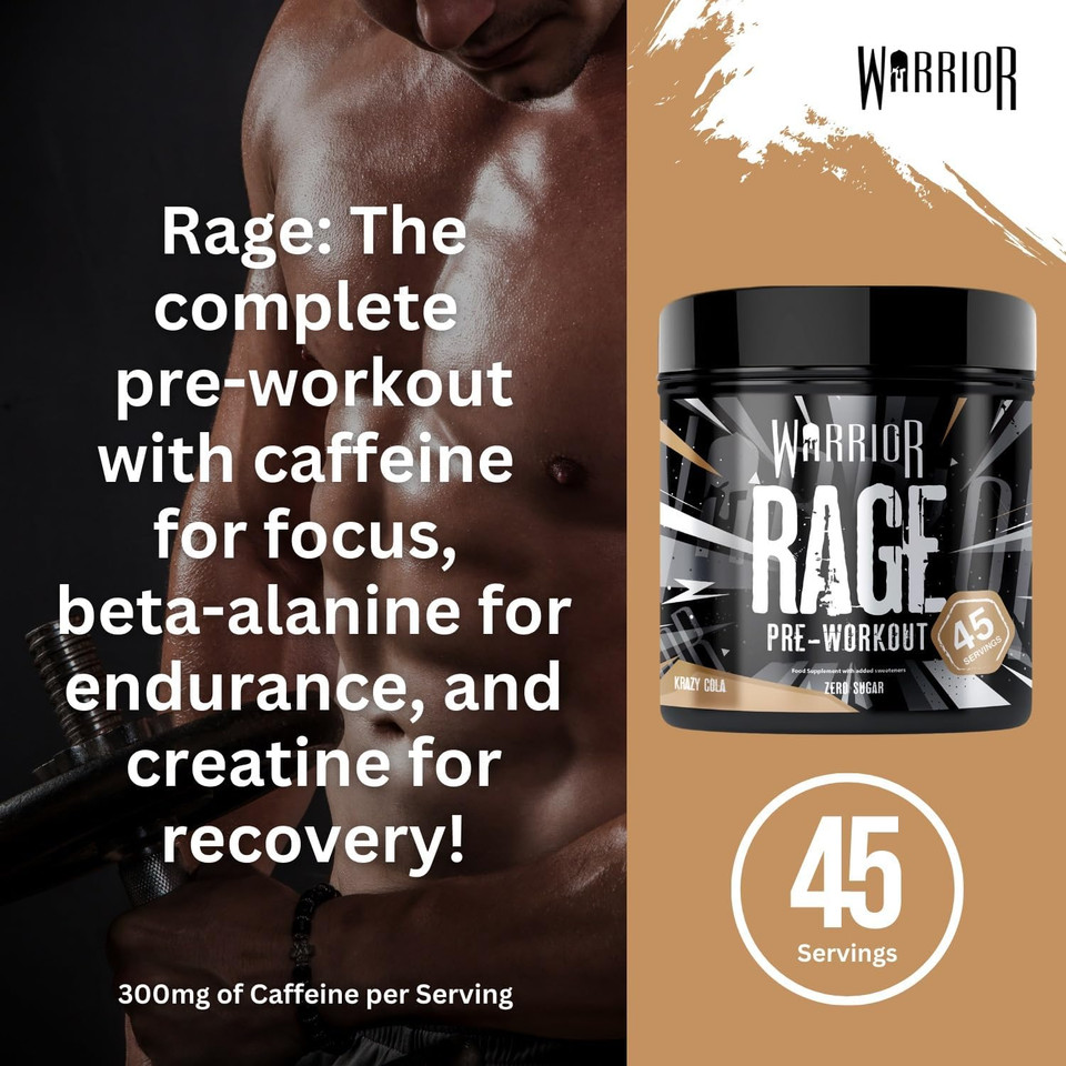 Warrior Rage - Pre-workout Powder - 392g - Energy Drink Supplement with Vitamin C, Beta Alanine and Creatine Gluconate - 45 Servings (Krazy Cola)