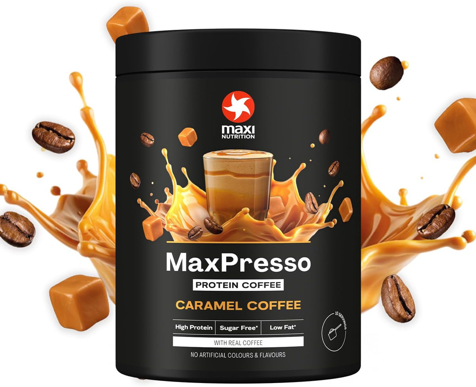 MaxiNutrition MaxPresso Caramel, Protein Coffee, Whey Protein Powder, 21 g Protein per Serving, Sugar-Free & Low-Fat, Mix Warm or Cold