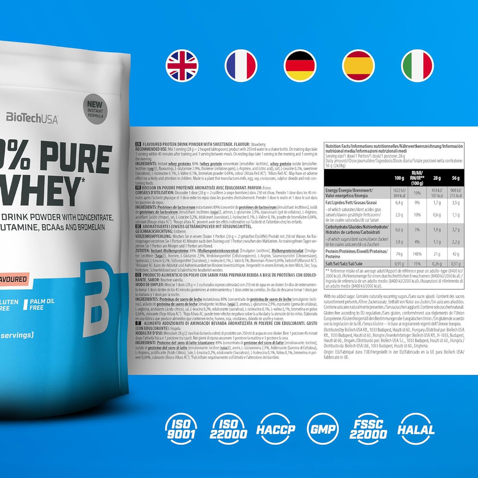 BioTechUSA 100% Pure Whey | Protein Powder with BCAA and Glutamine | Gluten-Free, Palm Oil Free | 21g Protein per Serving, 454 g, Strawberry