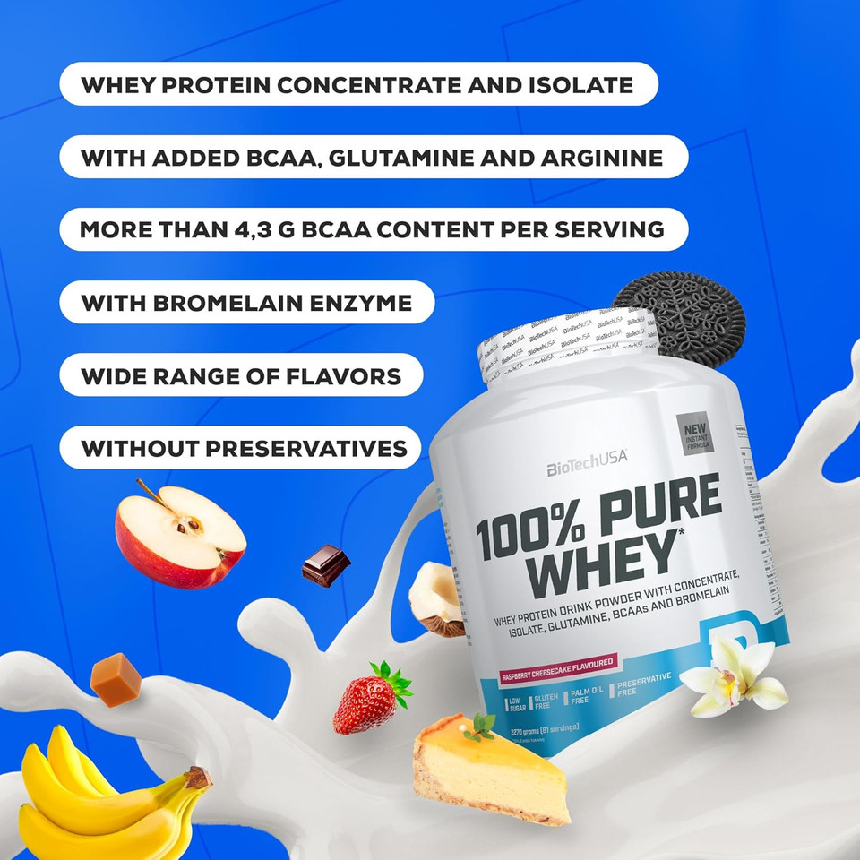 BioTechUSA 100% Pure Whey | Protein Powder with BCAA and Glutamine | Gluten-Free, Palm Oil Free | 21g Protein per Serving, 454 g, Banana