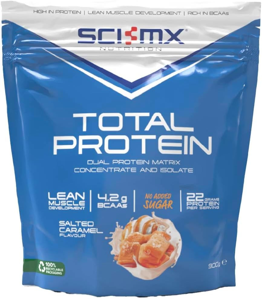 SCI-MX Total Protein - Concentrate & Isolate Protein Powder - Lean Muscle Development - Salted Caramel  No Added Sugar  4.2g BCAAs + 22g Protein per Serving  900g