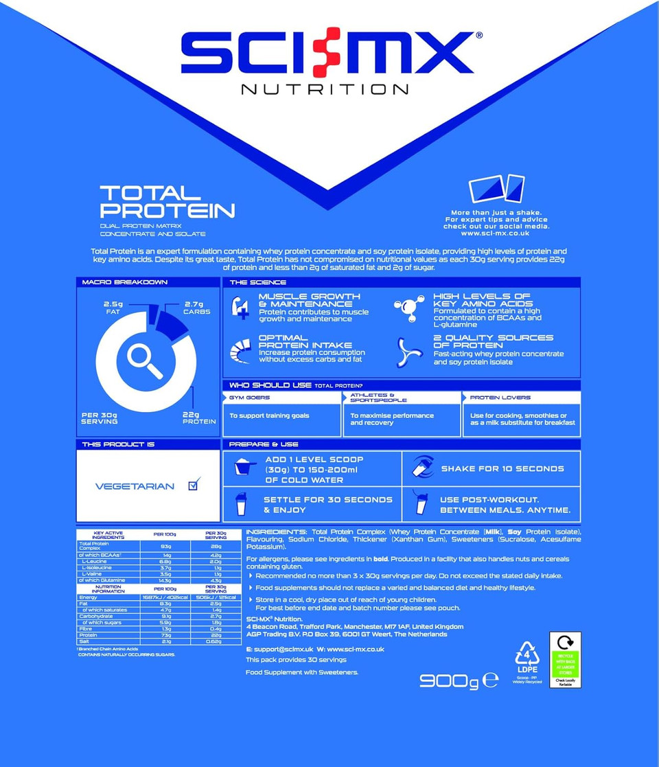 SCI-MX Total Protein - Concentrate & Isolate Protein Powder - Lean Muscle Development - Salted Caramel  No Added Sugar  4.2g BCAAs + 22g Protein per Serving  900g