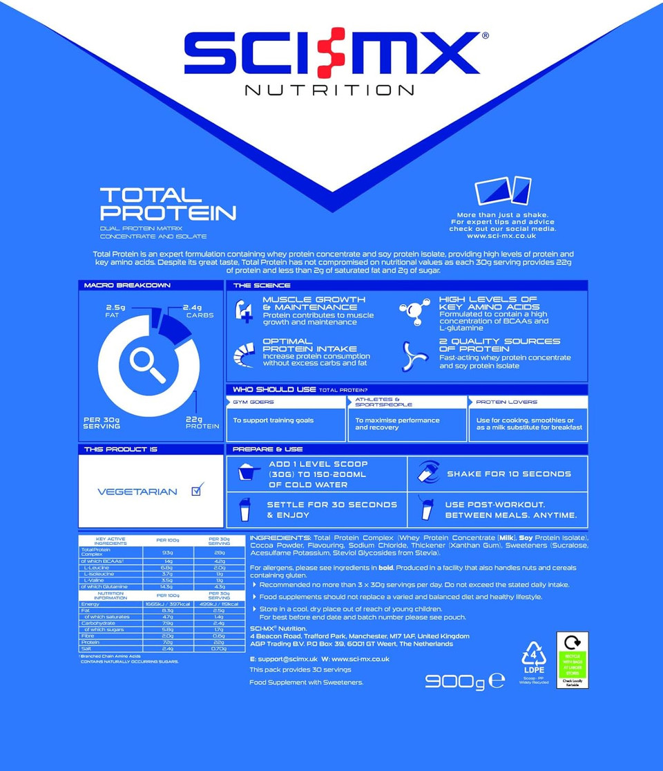 SCI-MX Total Protein - Dual Concentrate & Isolate Powder - Lean Muscle Development - Chocolate  No Added Sugar  4.2g BCAAs  900g