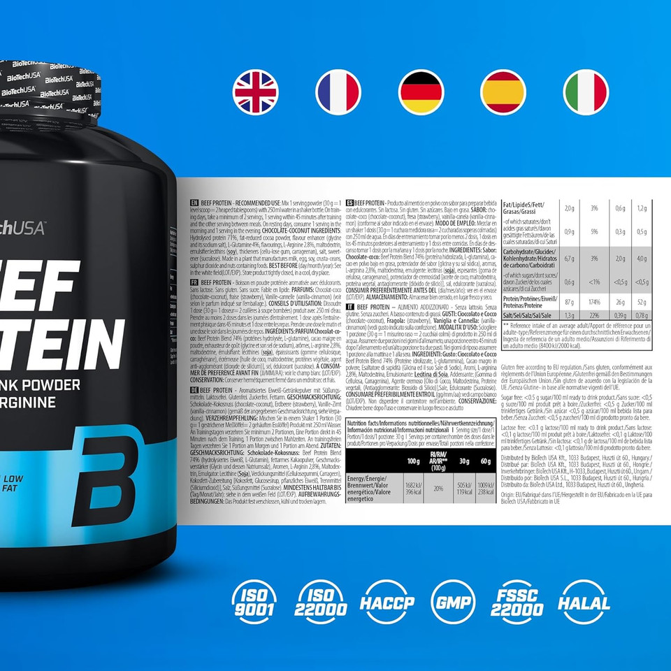 BioTechUSA Beef Protein, 87% Hydrolysed Protein Peptide Formula, Lactose & Gluten-Free, Low-Fat, Sugar-Free, Paleo Diet-Friendly, 500g, Vanilla-Cinnamon