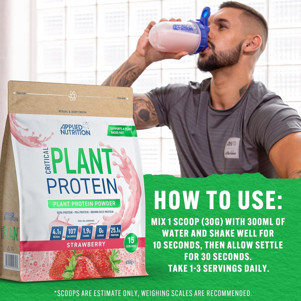 Applied Nutrition Plant Protein Powder  Critical Plant Vegan Protein Shake with SOYA, Pea, Brown Rice Proteins & Essential Amino Acids - Dairy-Free Gym Supplement (450g - 15 Servings) (Strawberry)