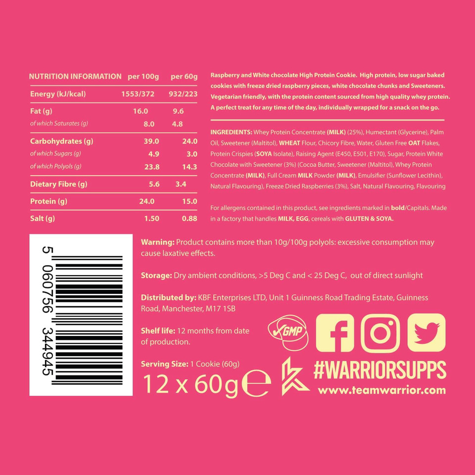 Warrior Protein Cookies  15g of Protein  Low Sugar  Baked Cookie Snack  12 x 60g  Individually Wrapped  Vegetarian Friendly, Raspberry & White Chocolate