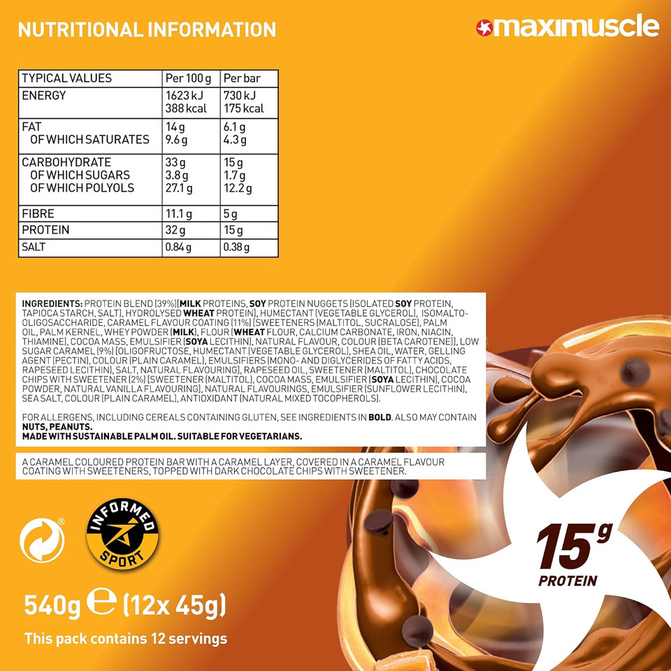 Maximuscle Protein Bars | High Fibre, Low Sugar Healthy Snacks with 15g of Protein & Under 175 Calories per Serving | Caramel Millionaire 12 x 45g