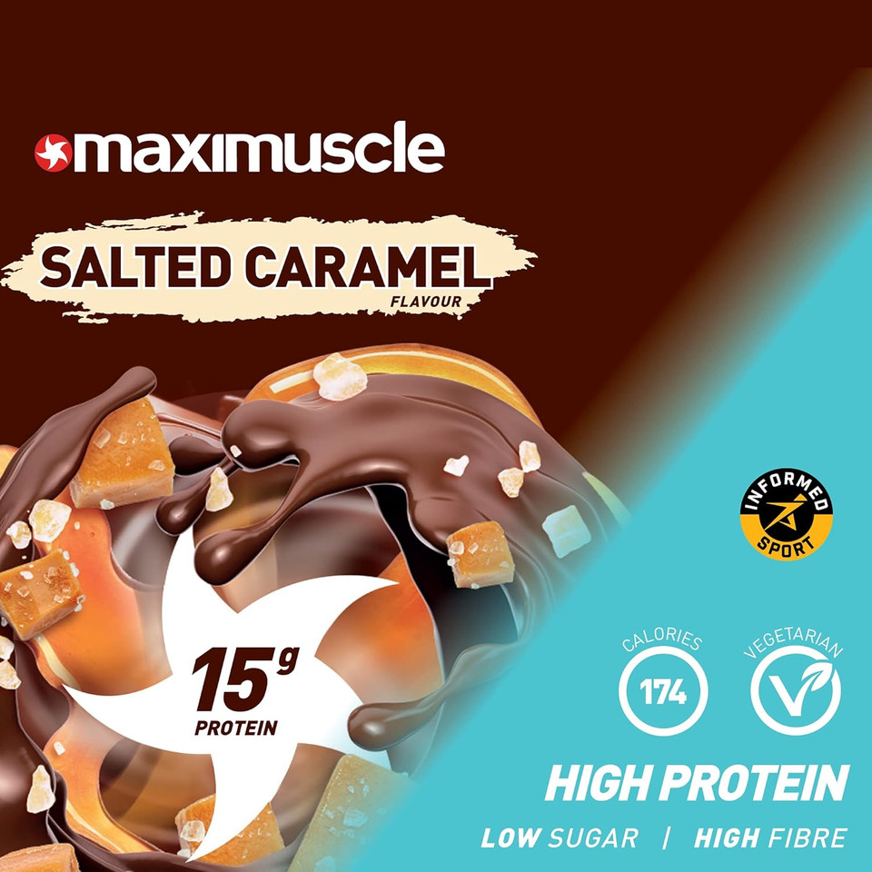 Maximuscle Protein Bars | High Fibre, Low Sugar Healthy Snacks with 15g of Protein & Under 175 Calories per Serving | Salted Caramel, 12 x 45g