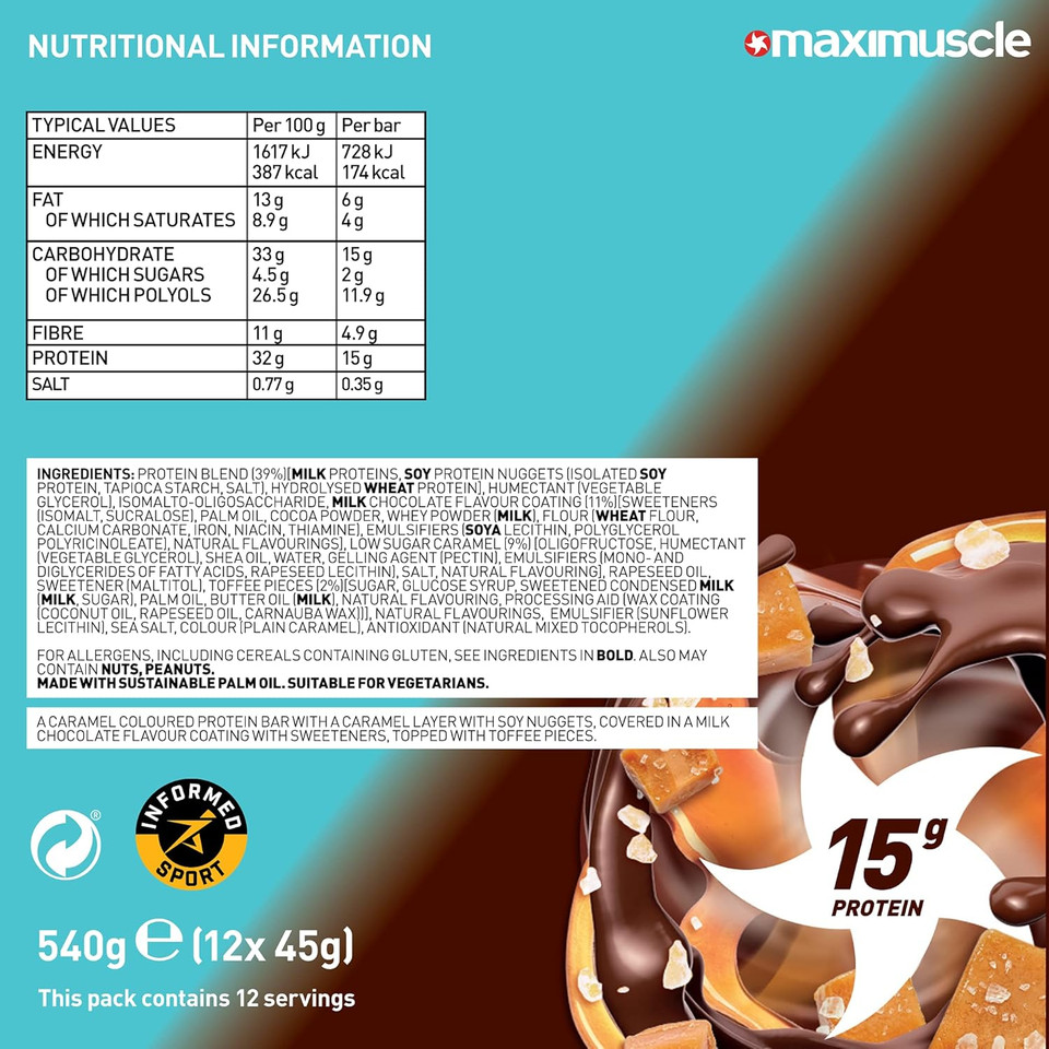 Maximuscle Protein Bars | High Fibre, Low Sugar Healthy Snacks with 15g of Protein & Under 175 Calories per Serving | Salted Caramel, 12 x 45g
