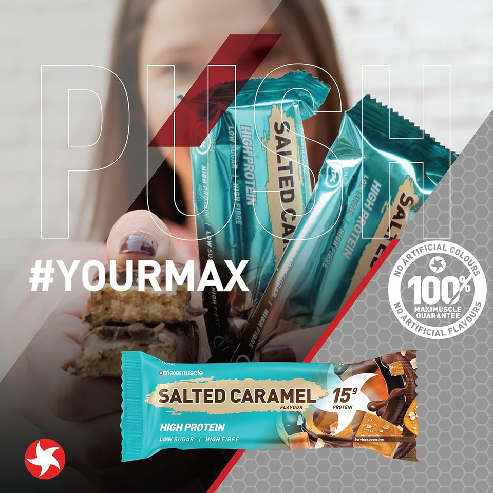 Maximuscle Protein Bars | High Fibre, Low Sugar Healthy Snacks with 15g of Protein & Under 175 Calories per Serving | Salted Caramel, 12 x 45g