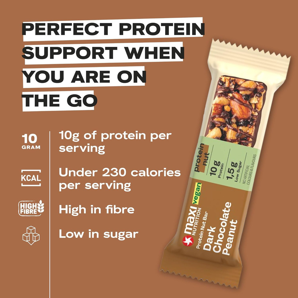 MaxiNutrition Protein Nut Bar - High Fibre Snack - Low in Sugar - 10g Protein - Dark Chocolate Peanut, Under 230 kcal per Serving, 12 x 46g