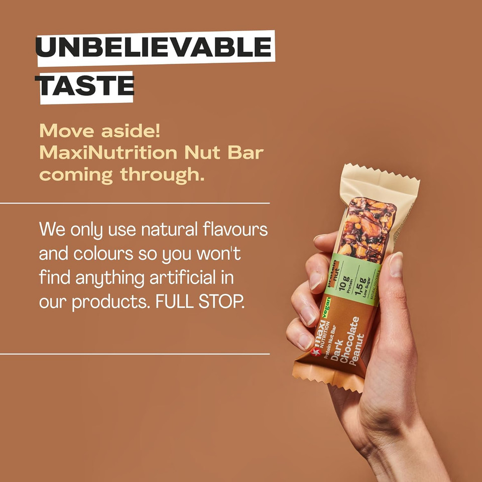 MaxiNutrition Protein Nut Bar - High Fibre Snack - Low in Sugar - 10g Protein - Dark Chocolate Peanut, Under 230 kcal per Serving, 12 x 46g
