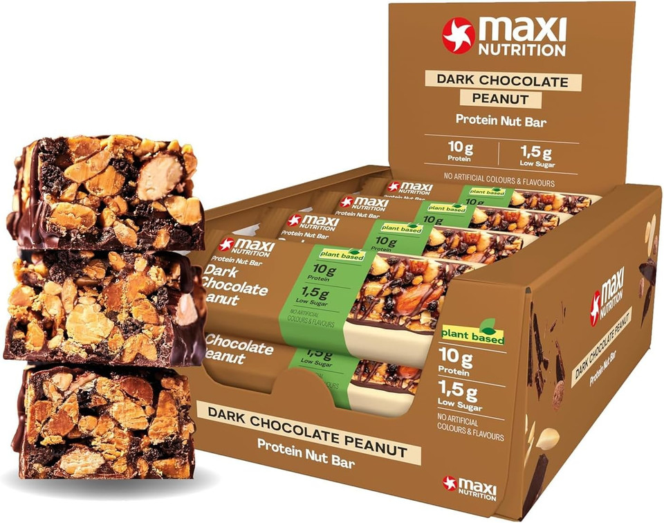 MaxiNutrition Protein Nut Bar - High Fibre Snack - Low in Sugar - 10g Protein - Dark Chocolate Peanut, Under 230 kcal per Serving, 12 x 46g
