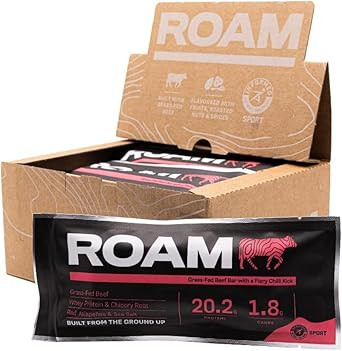 ROAM Natural Protein Bars, Meal Replacement Keto Bars, 6 x 45g Beef Protein Sticks & Healthy Snacks, Low Calorie Snacks (Smoked Paprika, Almond & Cranberry)