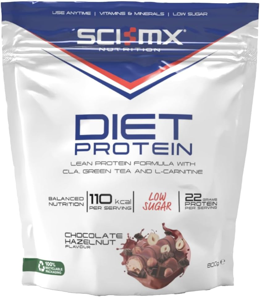 SCI-MX Diet Whey Protein Powder + Vitamins & Green Tea, CLA & L-Carnitine - Chocolate Hazelnut  Low Sugar  22g Protein + 110 Calories per Serving  800g