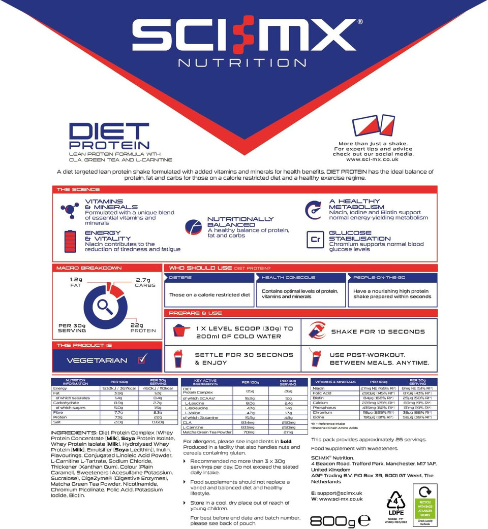 SCI-MX Diet Whey Protein Powder + Vitamins & Green Tea, CLA & L-Carnitine - Speculoos Biscuit  Low Sugar  22g Protein + 110 Calories per Serving  800g